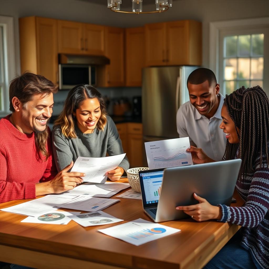 A diverse family reviewing credit reports and a dashboard at their kitchen table.