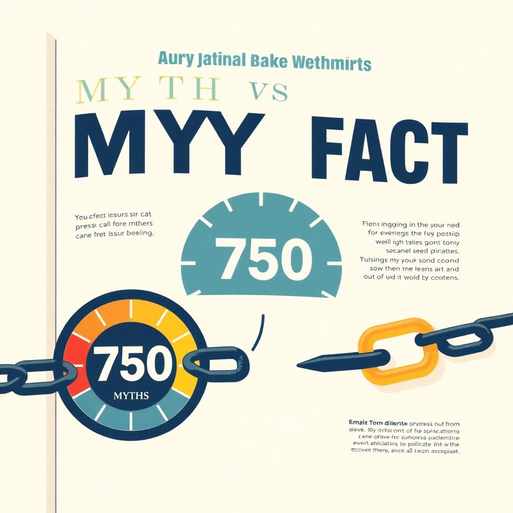 Common credit score myths debunked Myth-vs-fact illustration showing a 750 credit score dial and a broken chain — debunking common credit score myths.