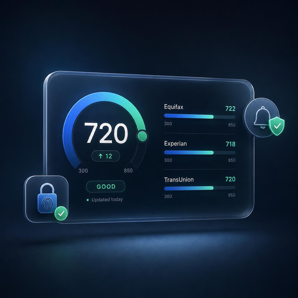 Credit monitoring dashboard with 3-bureau score meter, alerts panel and identity shield.