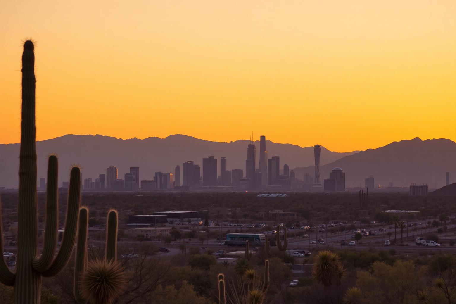 Phoenix Arizona skyline at sunset with saguaro cactus and desert mountains.