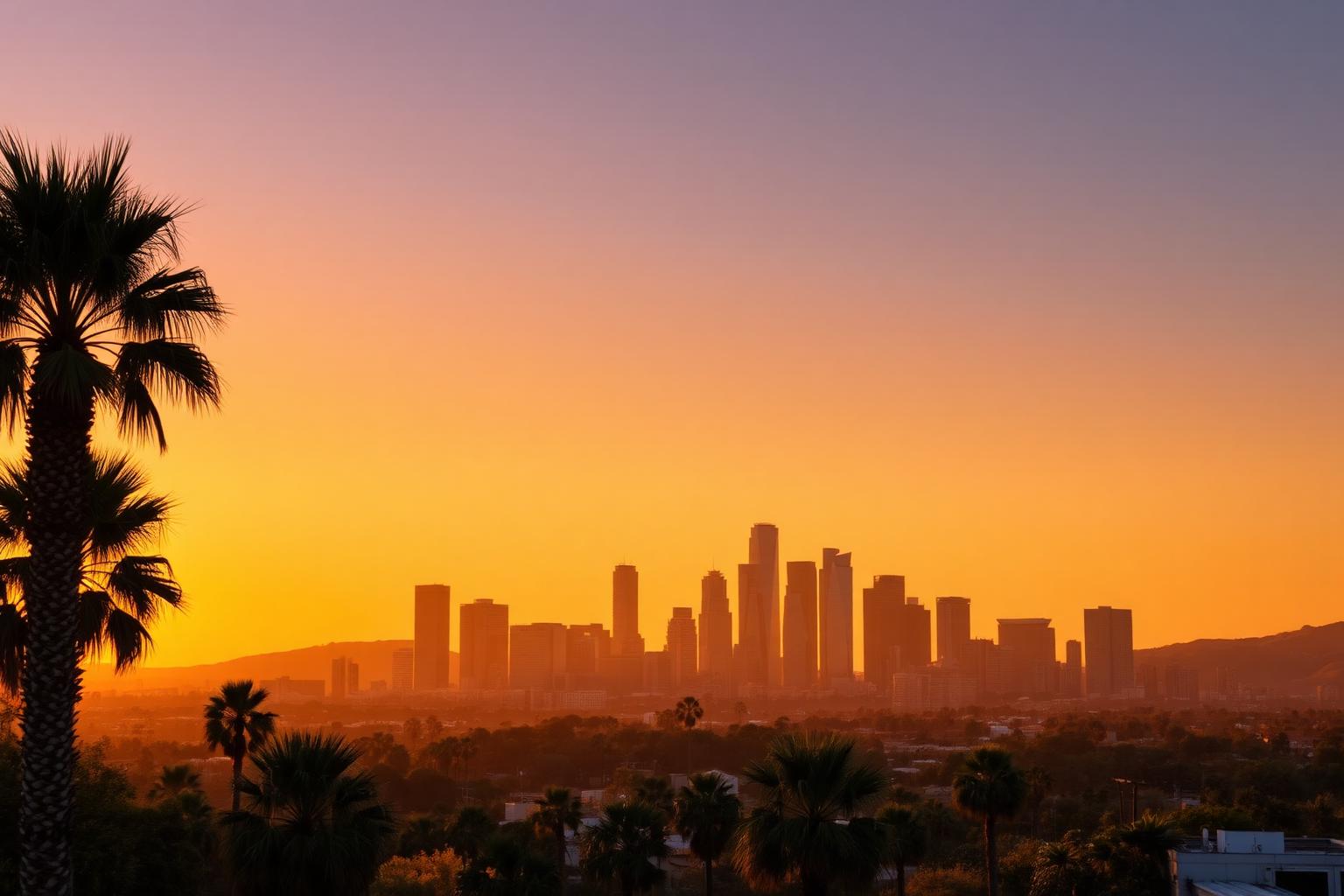 Los Angeles California skyline at sunset framed by palm trees.