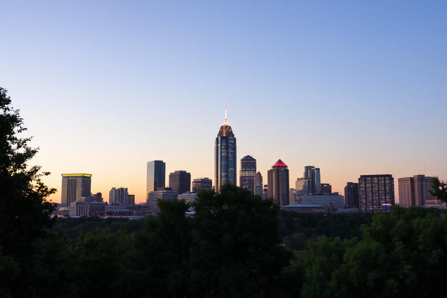 Atlanta Georgia skyline at dusk with green trees in the foreground.
