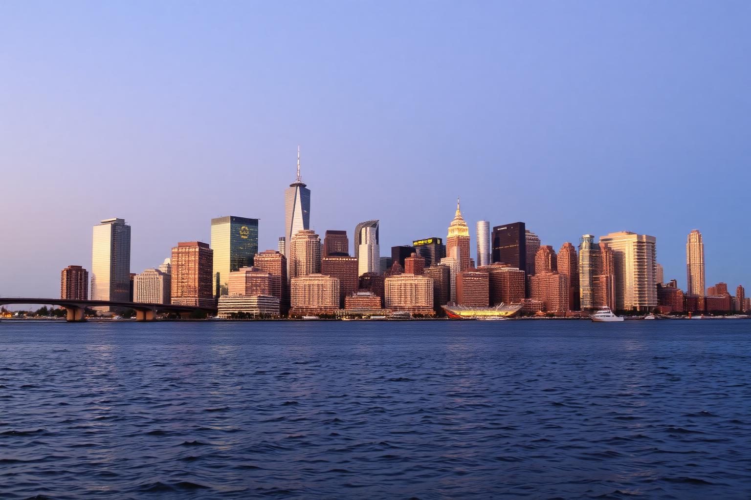 Jersey City New Jersey skyline at dusk seen from the Hudson River waterfront.