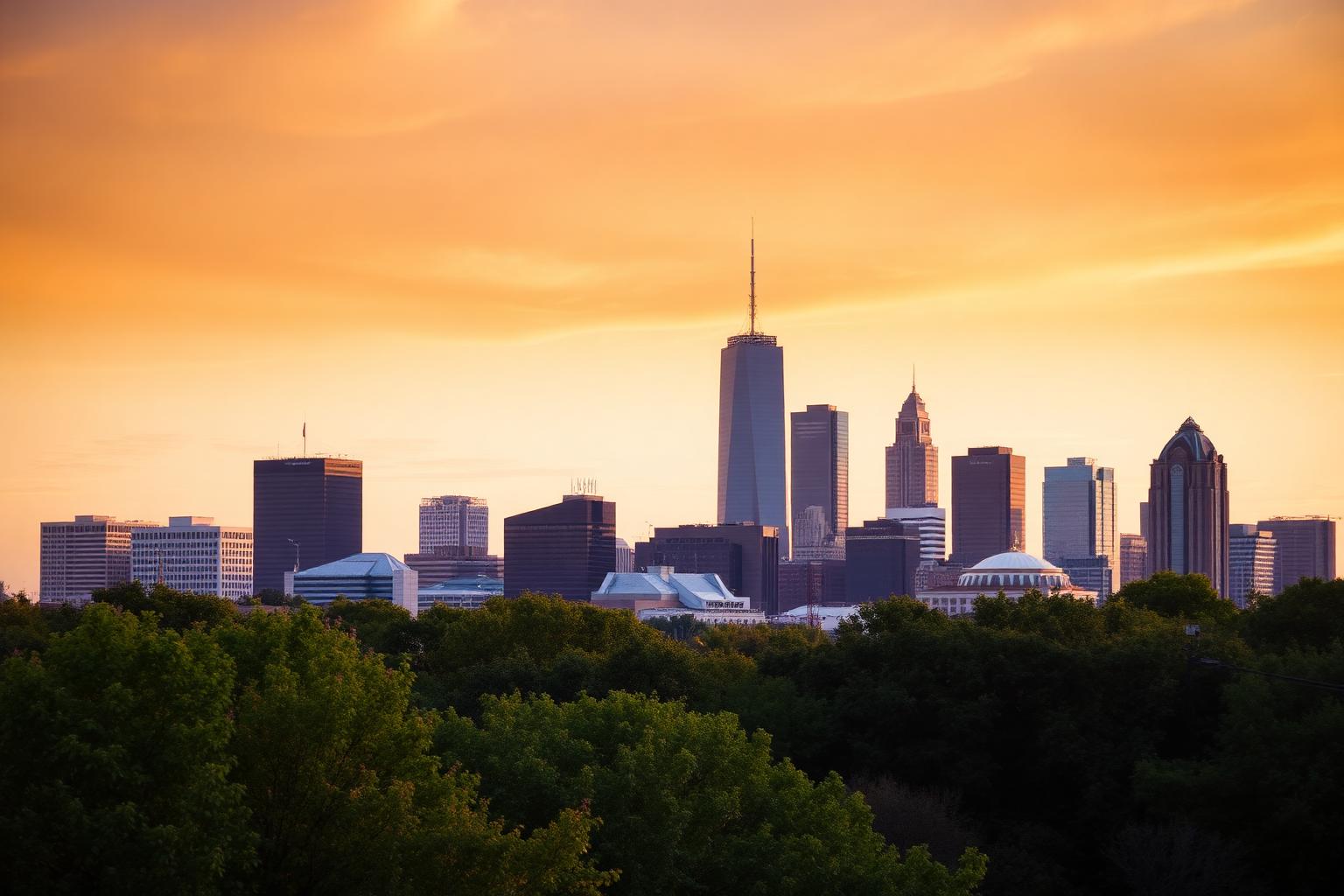 Charlotte North Carolina skyline at sunset with green trees.