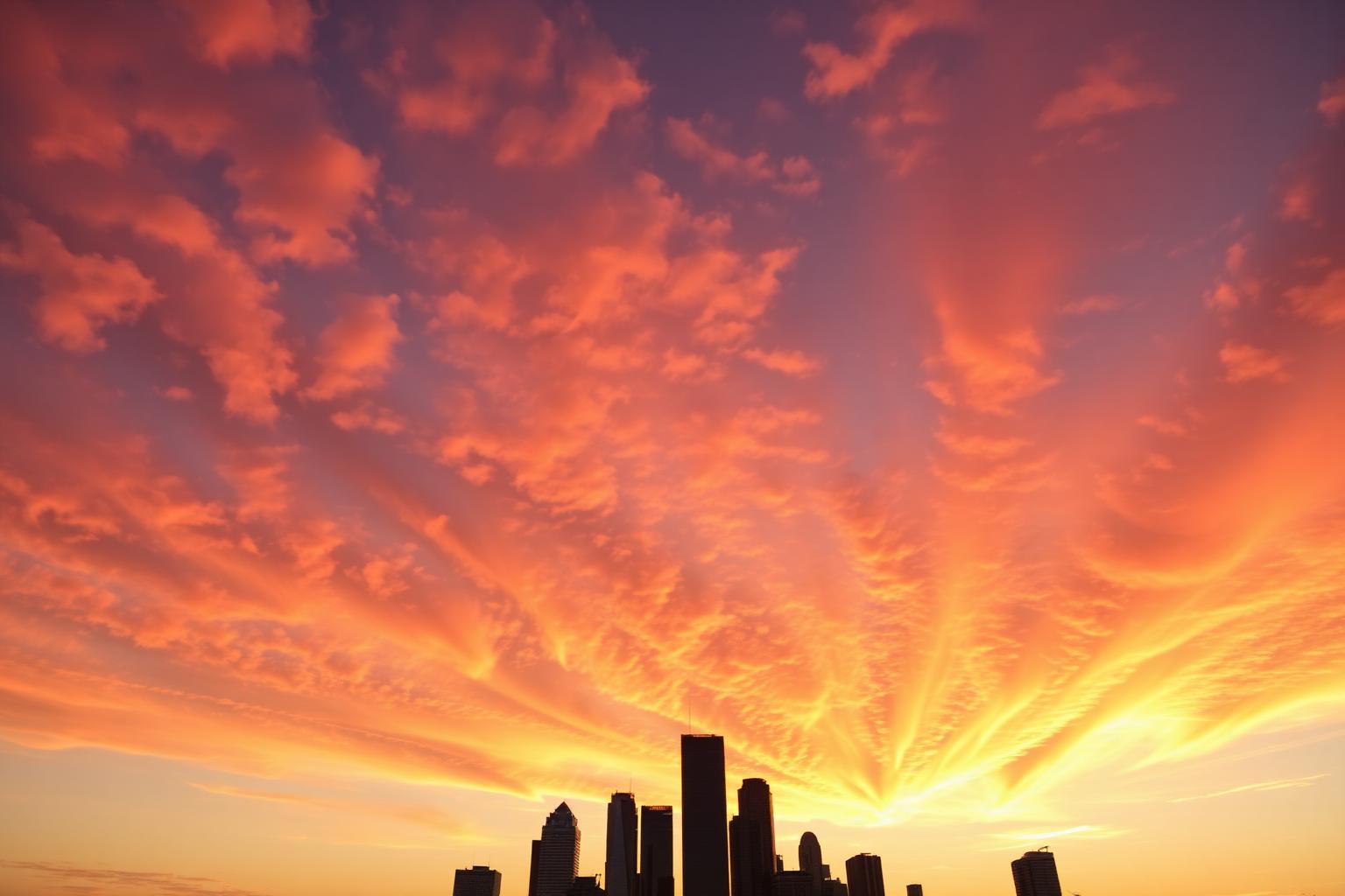 Houston Texas skyline at sunset with dramatic clouds.