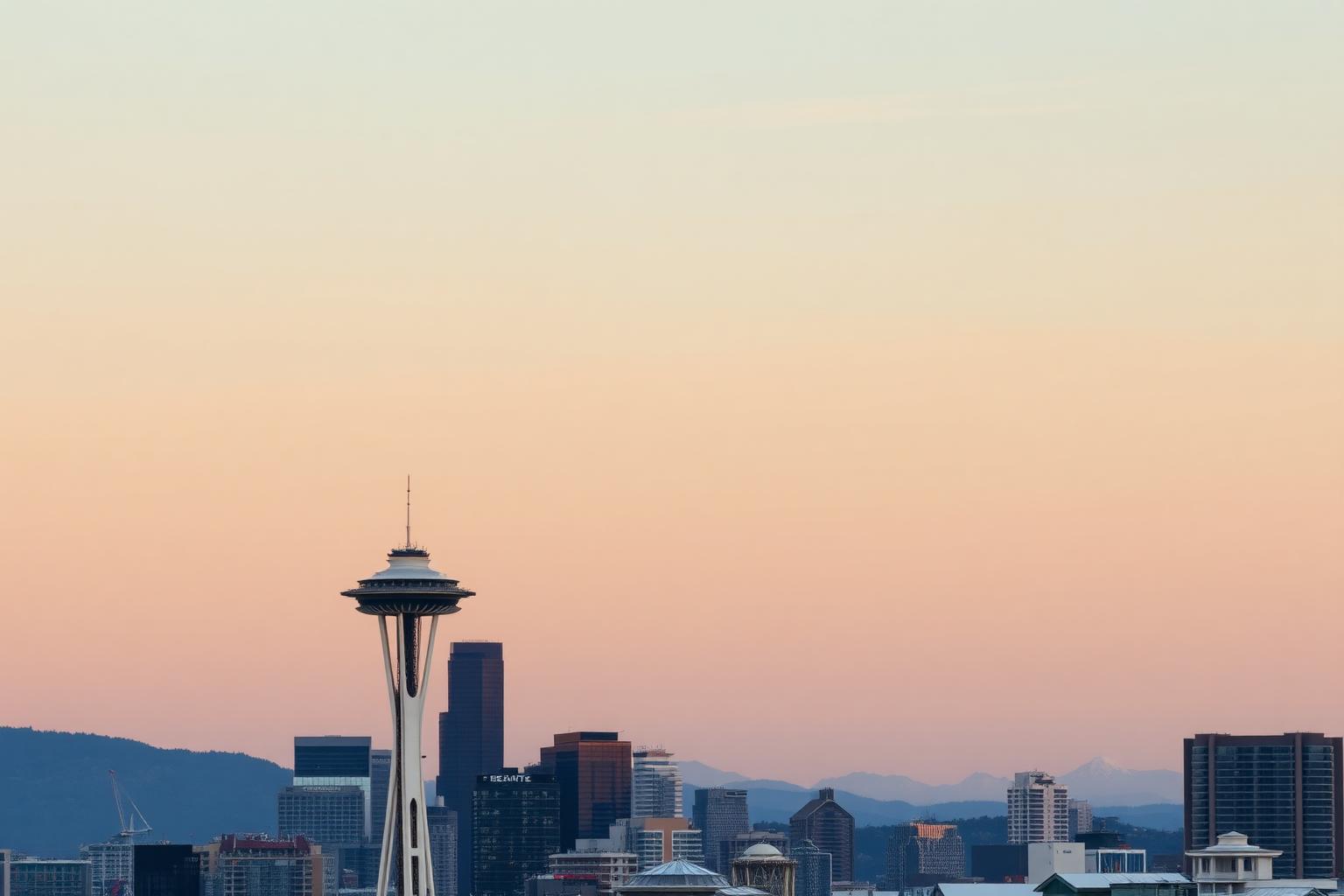 Seattle Washington skyline with Space Needle and Mount Rainier at sunset.