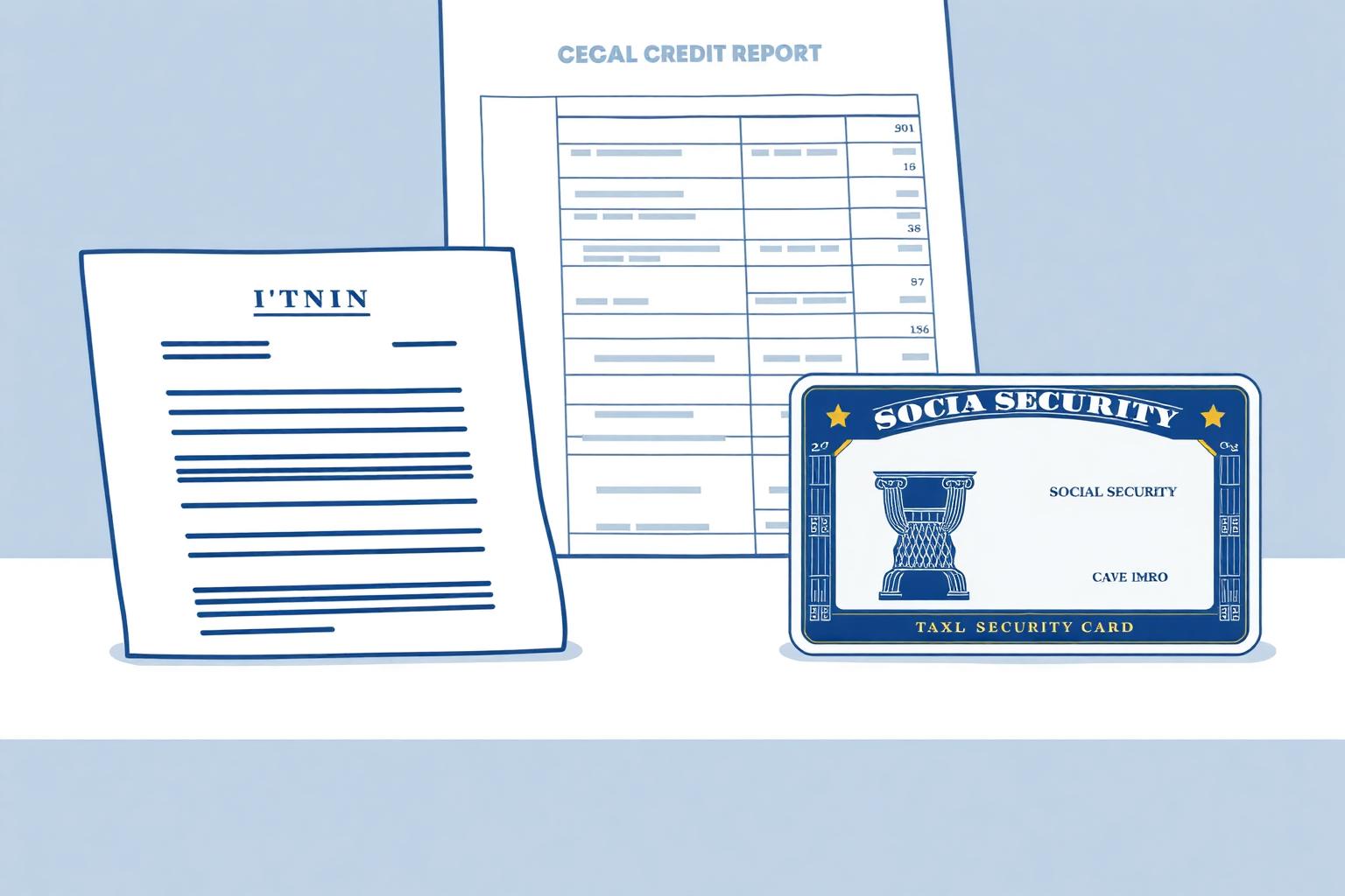 ITIN vs SSN — taxpayer ID comparison for U.S. credit ITIN letter from the IRS next to a Social Security card and a U.S. credit report — comparing the two taxpayer identifiers used to build U.S. credit.