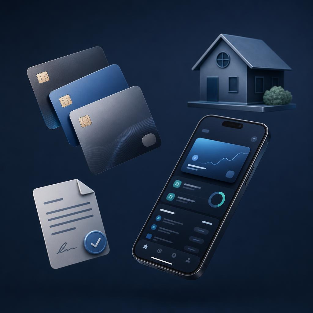 Curated credit card and loan offers arranged on a clean surface.