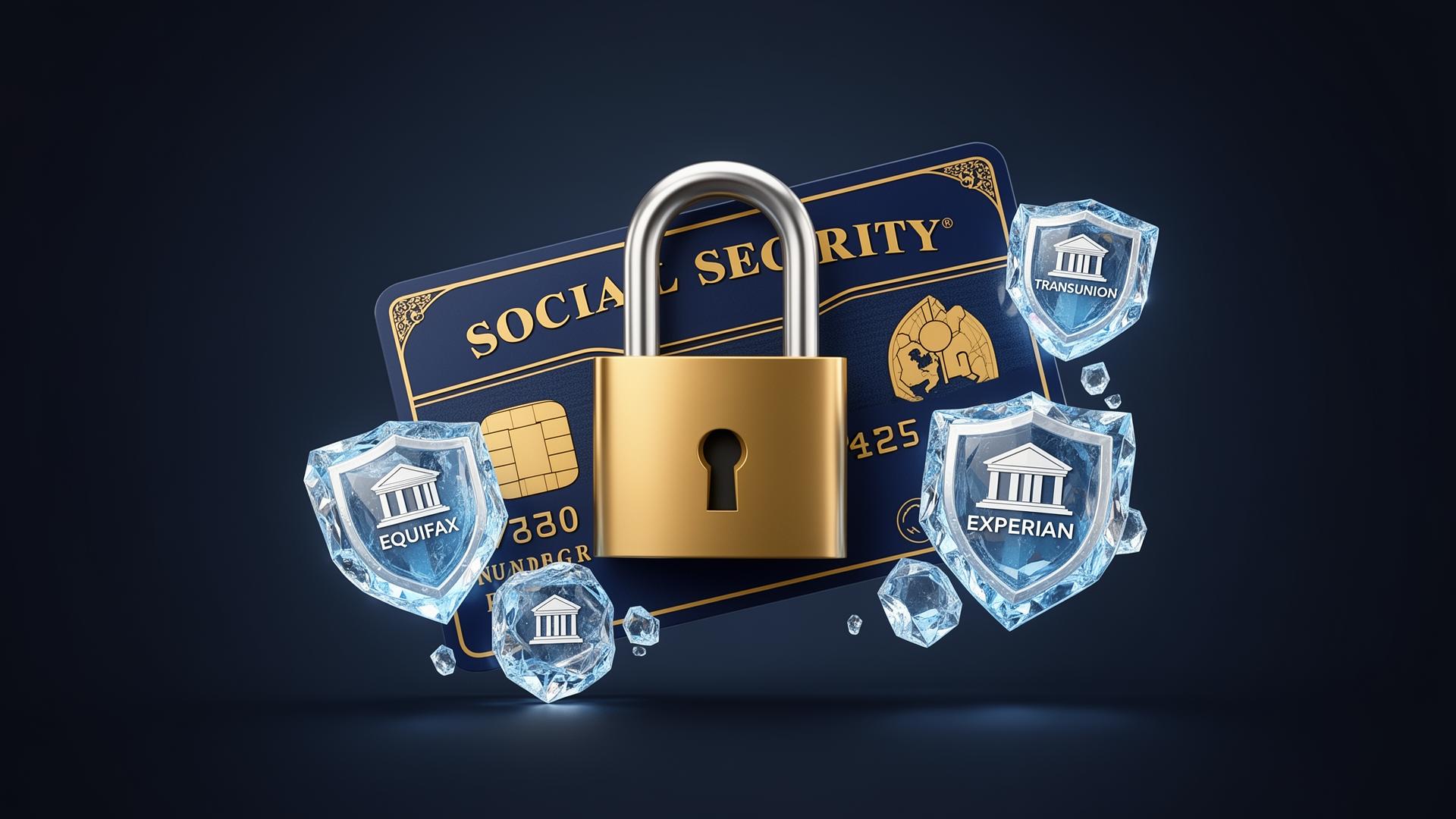 SSN identity protection — freeze + monitor + recover Closed padlock over a stylized Social Security card with three frozen ice-crystal shields representing Equifax, Experian, and TransUnion freezes.
