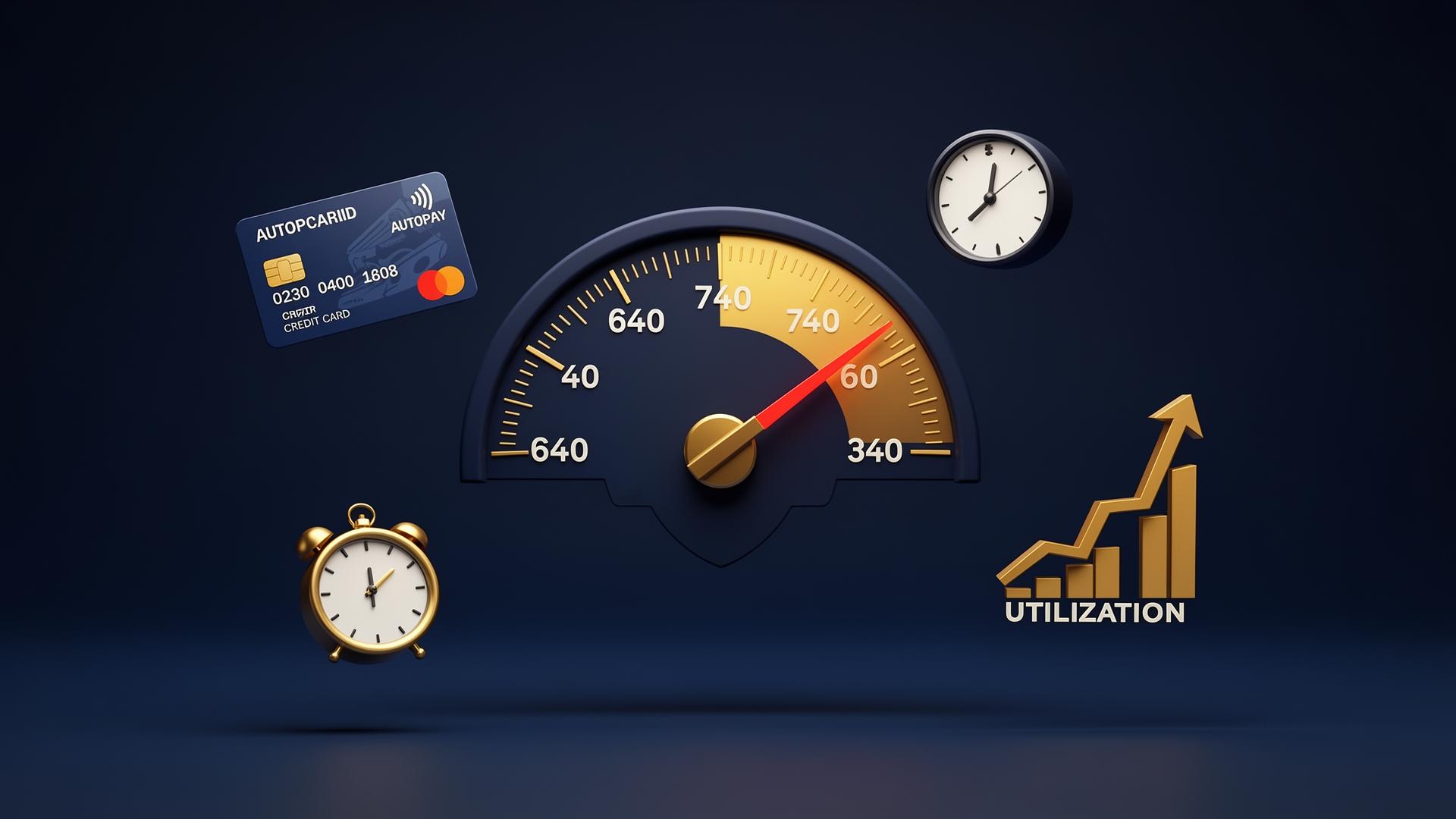 Improve your SSN credit score — 5 moves in 60 days Credit-score gauge jumping from 640 to 740 with icons of a paid credit card, an autopay clock, and a falling utilization bar.