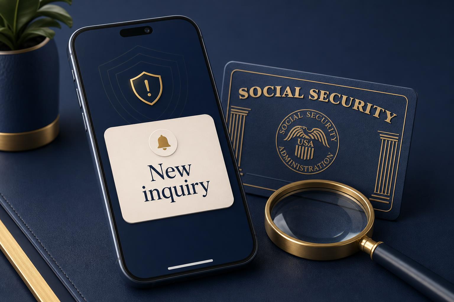 SSN credit monitoring — daily 3-bureau alerts Smartphone showing a 'New inquiry' fraud alert with a shield icon, next to a Social Security card and magnifying glass — SSN credit monitoring.