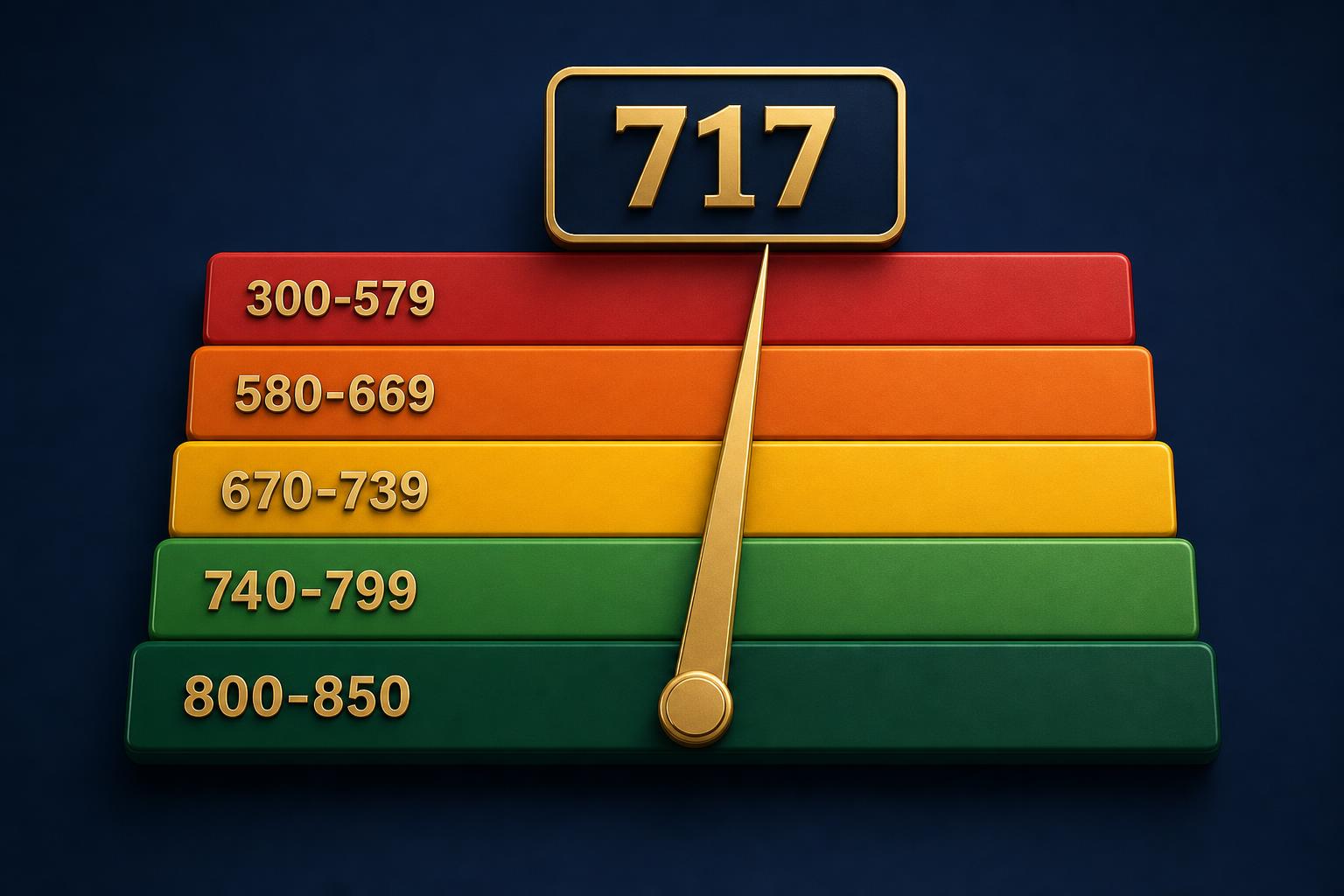 SSN credit score range — FICO 8 tiers from 300 to 850 Color-coded SSN credit score range from 300 to 850 with a needle pointing to 717 (the U.S. median FICO 8 score).